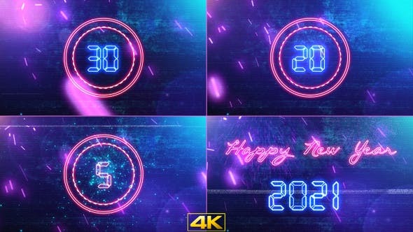 2021新年快乐霓虹发光30秒倒计时片头4K视频素材 New Year Countdown 2021 Neon V1